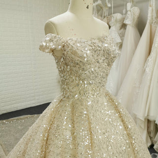 Vintage Champagne Gold Wedding Dress with Off the Shoulder - Rosymae