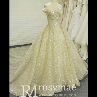 Vintage Champagne Gold Wedding Dress with Off the Shoulder - Rosymae
