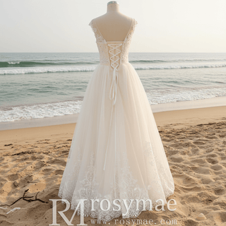 Vintage Classic A-line Tulle Lace Wedding Dress with Cap Sleeve - Rosymae