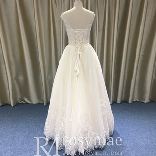Vintage Classic A-line Tulle Lace Wedding Dress with Cap Sleeve - Rosymae
