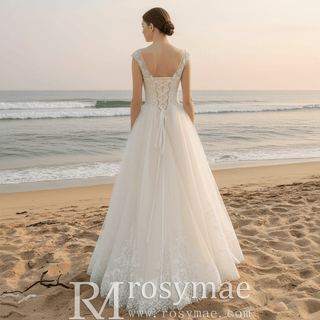 Vintage Classic A-line Tulle Lace Wedding Dress with Cap Sleeve - Rosymae