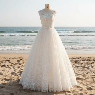 Vintage Classic A-line Tulle Lace Wedding Dress with Cap Sleeve - Rosymae