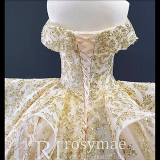 Vintage Gold Ball Gown Wedding Dress with Off the Shoulder - Rosymae