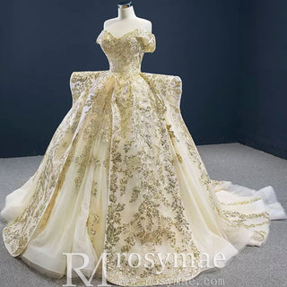 Vintage Gold Ball Gown Wedding Dress with Off the Shoulder - Rosymae