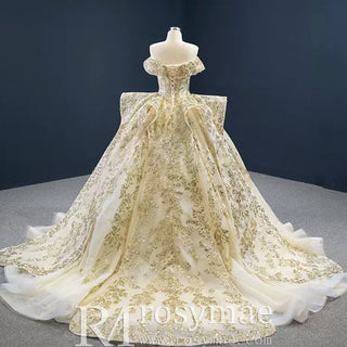 Vintage Gold Ball Gown Wedding Dress with Off the Shoulder - Rosymae