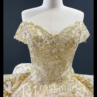 Vintage Gold Ball Gown Wedding Dress with Off the Shoulder - Rosymae