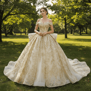 Vintage Gold Ball Gown Wedding Dress with Off the Shoulder - Rosymae