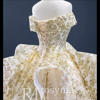 Vintage Gold Ball Gown Wedding Dress with Off the Shoulder - Rosymae