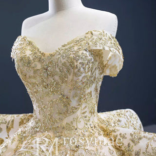 Vintage Gold Ball Gown Wedding Dress with Off the Shoulder - Rosymae