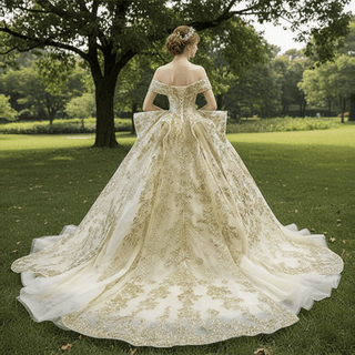 Vintage Gold Ball Gown Wedding Dress with Off the Shoulder - Rosymae