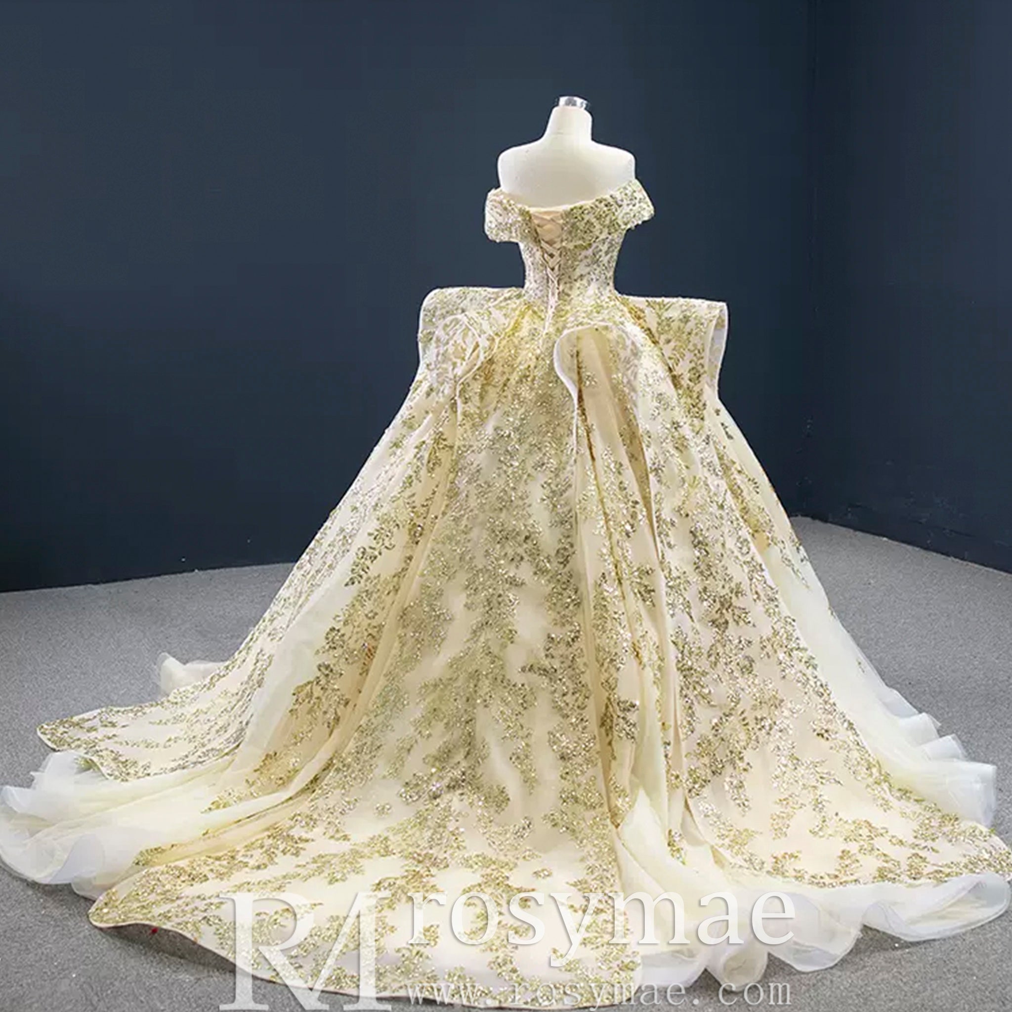 Vintage Gold Ball Gown Wedding Dress with Off the Shoulder Gold / Custom Size Vintage Gold Ball Gown Wedding Dress with Off the Shoulder Gold / Custom Size