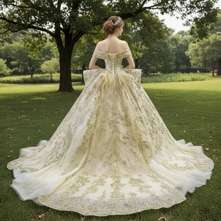 Vintage Gold Ball Gown Wedding Dress with Off the Shoulder