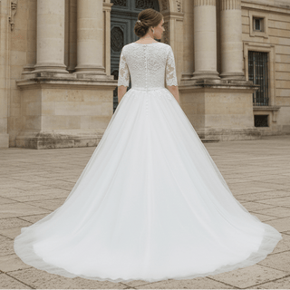 Vintage Half-Sleeve Scoop A Line Tulle Wedding Dress - Rosymae