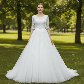 Vintage Half-Sleeve Scoop A Line Tulle Wedding Dress - Rosymae