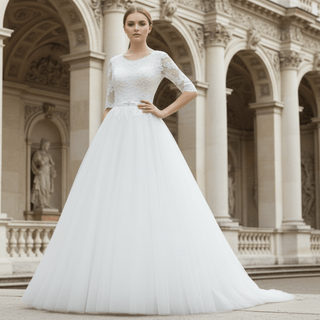 Vintage Half-Sleeve Scoop A Line Tulle Wedding Dress - Rosymae
