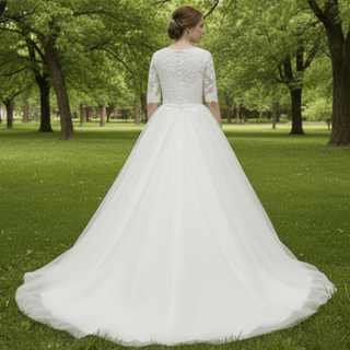 Vintage Half-Sleeve Scoop A Line Tulle Wedding Dress - Rosymae