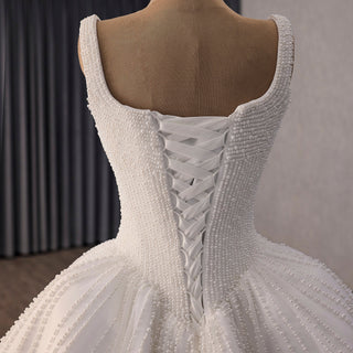 Vintage High-End Handmade Pearl Wedding Dress with U-Neck and Chapel Train - Rosymae