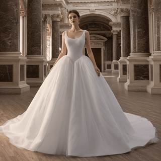 Vintage High-End Handmade Pearl Wedding Dress with U-Neck and Chapel Train - Rosymae
