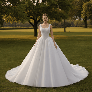 Vintage High-End Handmade Pearl Wedding Dress with U-Neck and Chapel Train - Rosymae