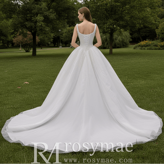 Vintage High-End Handmade Pearl Wedding Dress with U-Neck and Chapel Train - Rosymae