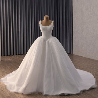 Vintage High-End Handmade Pearl Wedding Dress with U-Neck and Chapel Train - Rosymae