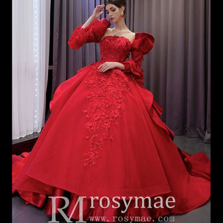Vintage High-end Ruffles Wedding Dress Puffy 3/4 Sleeve Quinceanera Gown - Rosymae