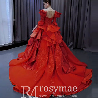 Vintage High-end Ruffles Wedding Dress Puffy 3/4 Sleeve Quinceanera Gown - Rosymae
