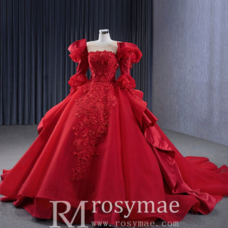 Vintage High-end Ruffles Wedding Dress Puffy 3/4 Sleeve Quinceanera Gown - Rosymae