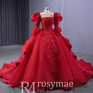 Vintage High-end Ruffles Wedding Dress Puffy 3/4 Sleeve Quinceanera Gown - Rosymae