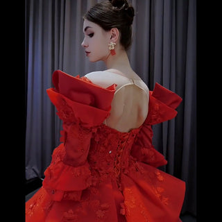 Vintage High-end Ruffles Wedding Dress Puffy 3/4 Sleeve Quinceanera Gown - Rosymae