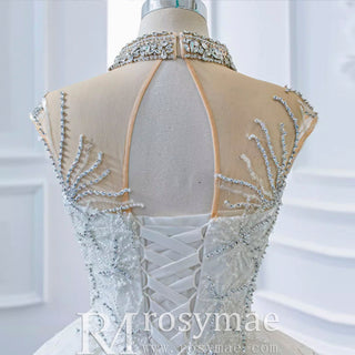 Vintage High Neck Beaded Wedding Dress Floral Lace Bridal Gown - Rosymae