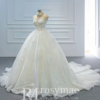 Vintage High Neck Beaded Wedding Dress Floral Lace Bridal Gown - Rosymae