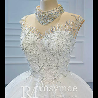 Vintage High Neck Beaded Wedding Dress Floral Lace Bridal Gown - Rosymae