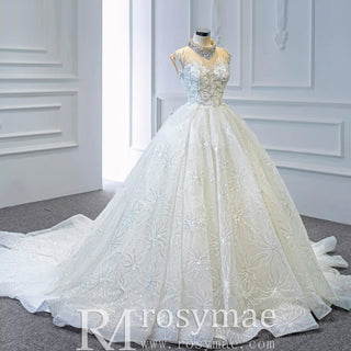 Vintage High Neck Beaded Wedding Dress Floral Lace Bridal Gown - Rosymae