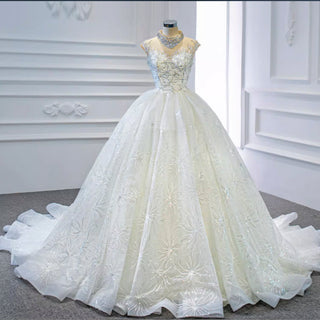 Vintage High Neck Beaded Wedding Dress Floral Lace Bridal Gown - Rosymae