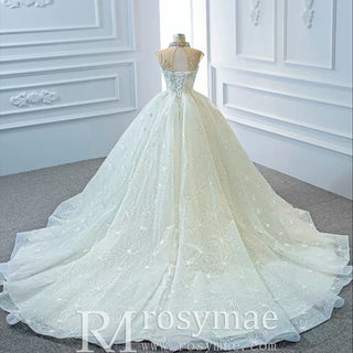 Vintage High Neck Beaded Wedding Dress Floral Lace Bridal Gown - Rosymae