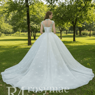 Vintage High Neck Beaded Wedding Dress Floral Lace Bridal Gown - Rosymae