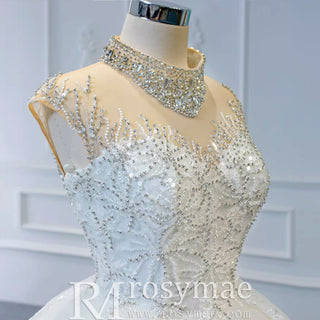 Vintage High Neck Beaded Wedding Dress Floral Lace Bridal Gown - Rosymae