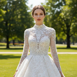 Vintage High Neck Lace Wedding Dress with Long Sleeve - Rosymae