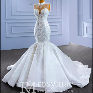 Vintage High Neck Mermaid Wedding Dress Trumpet Wedding Gown - Rosymae