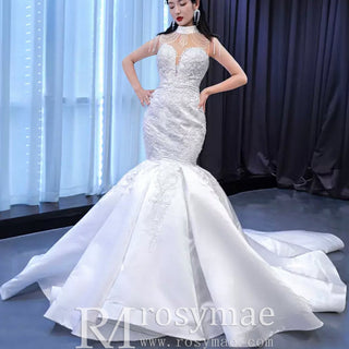 Vintage High Neck Mermaid Wedding Dress Trumpet Wedding Gown - Rosymae