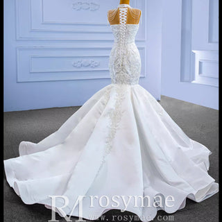 Vintage High Neck Mermaid Wedding Dress Trumpet Wedding Gown - Rosymae