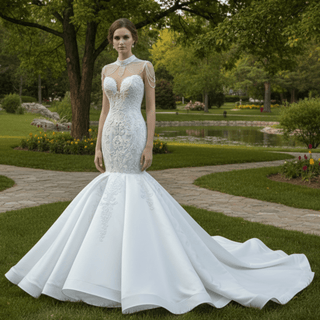 Vintage High Neck Mermaid Wedding Dress Trumpet Wedding Gown - Rosymae