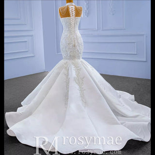 Vintage High Neck Mermaid Wedding Dress Trumpet Wedding Gown - Rosymae