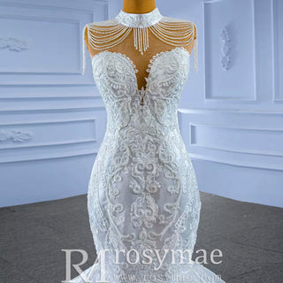 Vintage High Neck Mermaid Wedding Dress Trumpet Wedding Gown - Rosymae