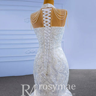 Vintage High Neck Mermaid Wedding Dress Trumpet Wedding Gown - Rosymae