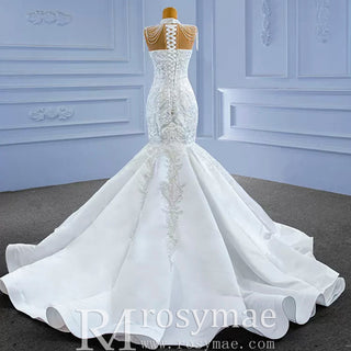 Vintage High Neck Mermaid Wedding Dress Trumpet Wedding Gown - Rosymae