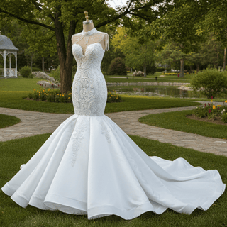 Vintage High Neck Mermaid Wedding Dress Trumpet Wedding Gown - Rosymae