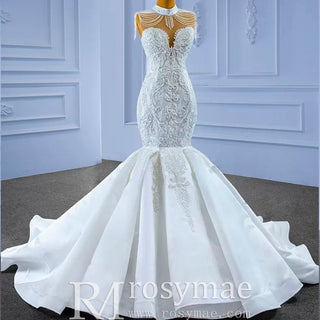 Vintage High Neck Mermaid Wedding Dress Trumpet Wedding Gown - Rosymae