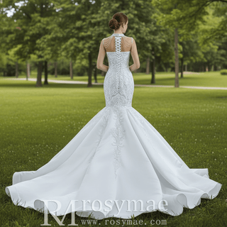 Vintage High Neck Mermaid Wedding Dress Trumpet Wedding Gown - Rosymae